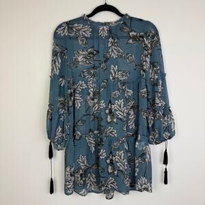 Fifth Avenue Womens Long Balloon Sleeve Mock Neck Sheer Floral Blue Dress Small